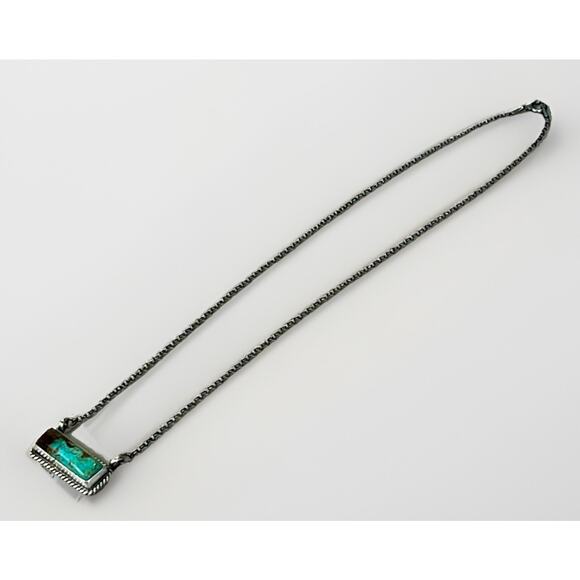 Navajo Kingman Turquoise Dixon Sterling Silver Bar Necklace 17" by J Dixon 6.9g - Picture 10 of 16